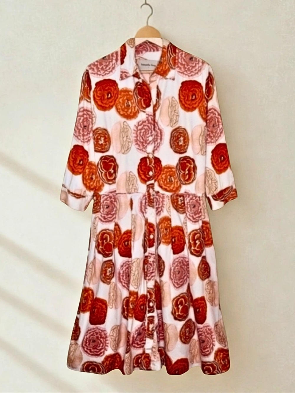 SAMANTHA SUNG Poppy Printed Audrey Midi Shirt Dress in Orange/White Combo • Sz 8